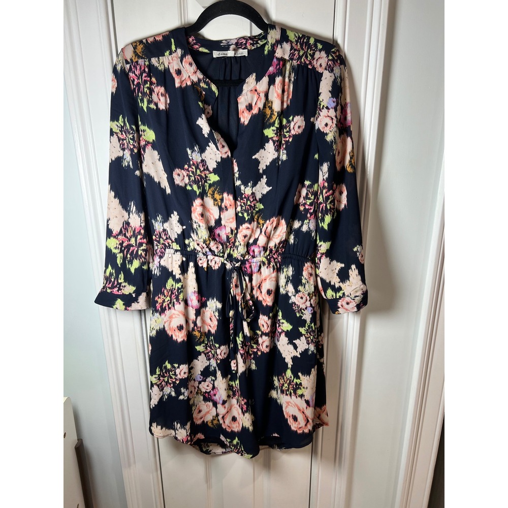 Daniel Rainn Navy Floral Long Sleeve Mini Dress Elastic Waist Size M 50349PR1
